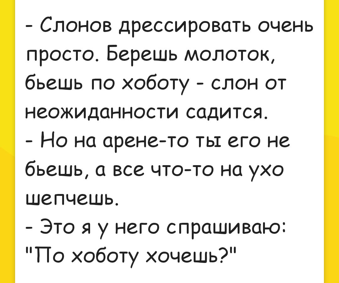 Слонов дрессировать очень просто Берешь молоток бьешь по хоботу слон от неожиданности садится Но на аренето ты его не бьешь а все чтото на ухо шепчешь Это я у него спрашиваю По хоботу хочешь