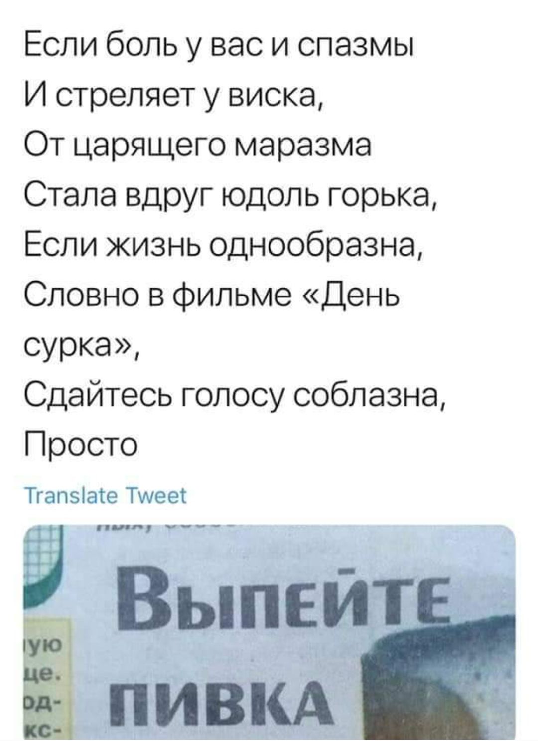 Если боль у вас и спазмы И стреляет у виска От царящего маразма Стала вдруг юдоль горька Если жизнь однообразна Словно в фильме День сурка Сдайтесь голосу соблазна Просто Тгапэіаіе Тише Выпеит щ ПИВКА