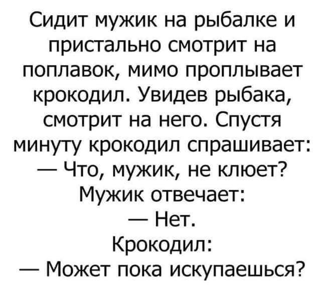 Сидит мужик на рыбалке и пристально смотрит на поплавок мимо проплывает крокодил Увидев рыбака смотрит на него Спусгя минуту крокодил спрашивает Что мужик не клюет Мужик отвечает Нет Крокодил Может пока искупаешься