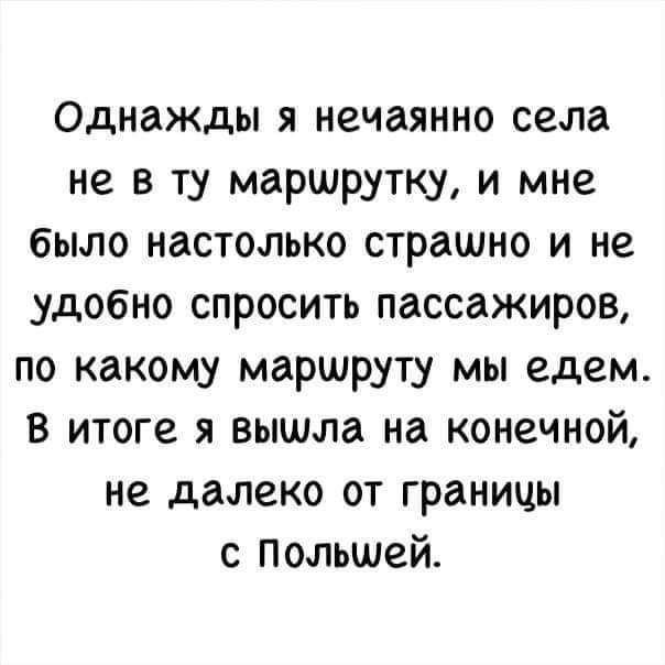 Однажды я нечаянно села не в ту маршрутку и мне было настолько страшно и не удобно спросить пассажиров по какому маршруту мы едем В итоге я вышла на конечной не далеко от границы с Польшей