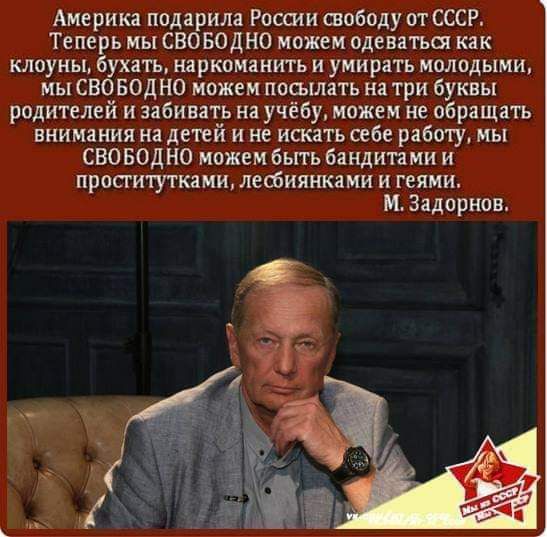 Америка подірила России свободу ат СССР Теперь мы СВОБОДНО можем одеваться как клоуны бухать наркоманить и умирать мплпдыми мы СВО БОДНО мижем посьшать на три буквы родителей и забивать на учёбу мпжем не пбрищать внимания на детей и не искать себе работу мы СВОБОДНО можем бьггь бандитами и пропитутками лесбиянками и геями И Задорнов