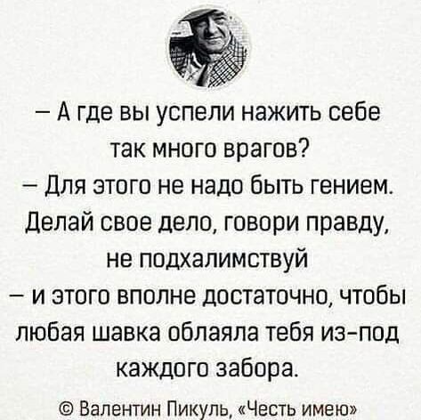 А где вы успели нажить себе так много врагов Для этого не надо быть гением Делай свое дело говори правду не подхалимствуй и этого вполне достаточно чтобы любая шавка облаяпа тебя из под каждого забора Валентин Пикуль Честь имею