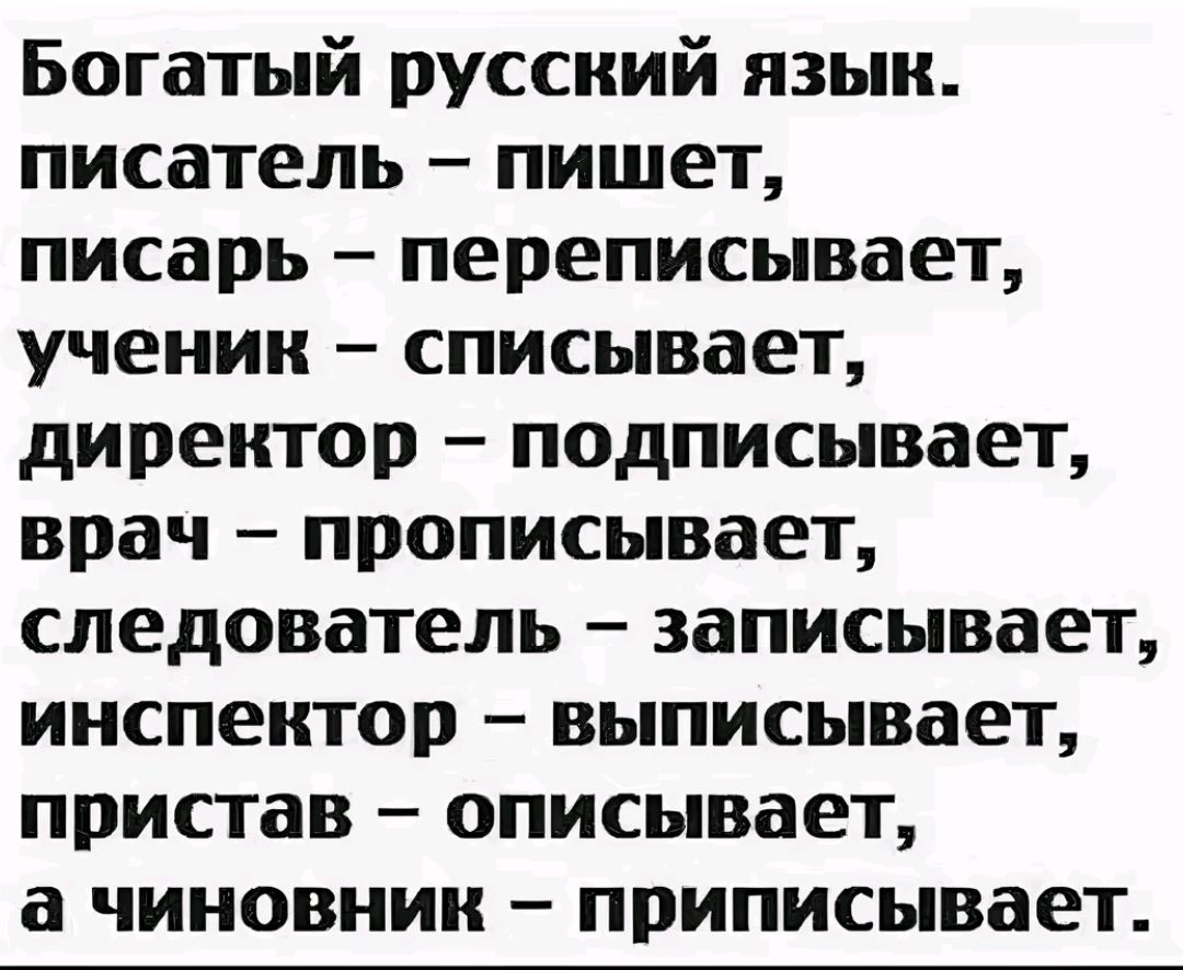 Богатый русский язык писатель пишет писарь переписывает ученик списывает директор подписывает врач прописывает следователь записывает инспектор выписывает пристав описывает а чиновник приписывает