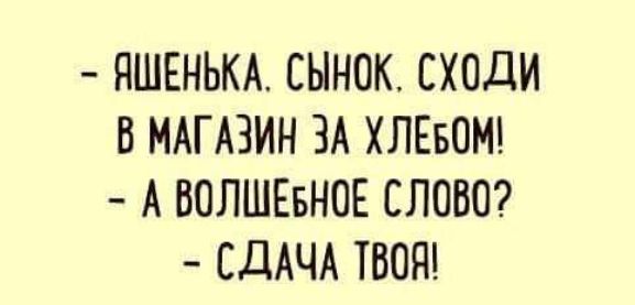 ЯШЕНЬКА СЫНОК СХОДИ В МАГАЗИН ЗА ХЛЕБОМ А ВОЛШЕБНОЕ СЛОВО СДАЧА ТВОЯ