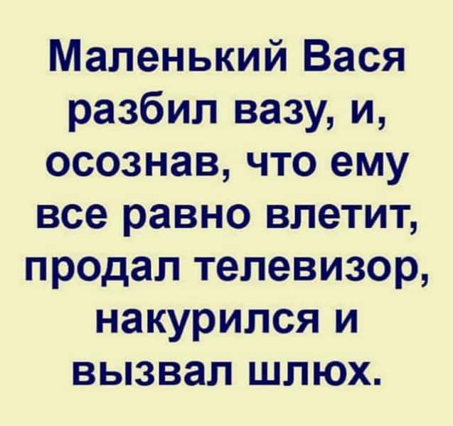 Маленький Вася разбил вазу и осознав что ему все равно влетит продал телевизор накурился и вызвал шлюх