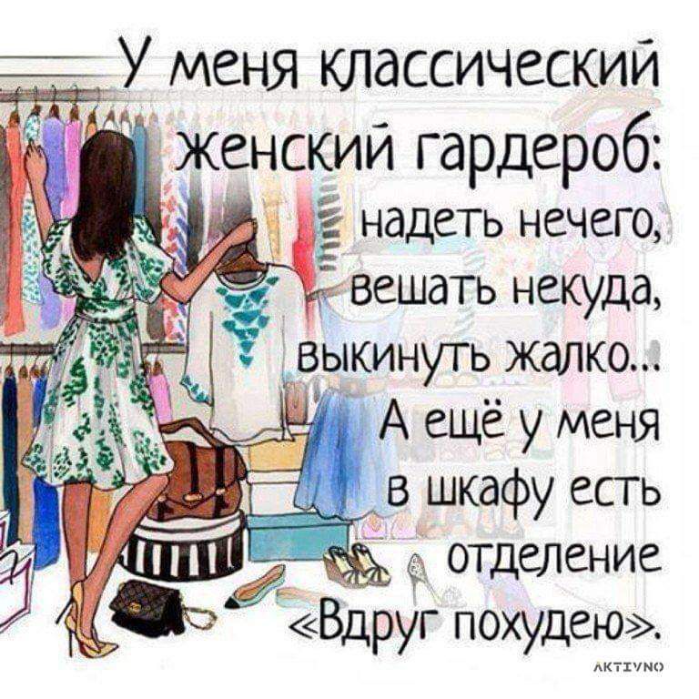 У меня классическим женскии гардероб Ё надеть нечего вешать некуда выкинуть жалко А ещё у меня _ в шкафу есгь ОТДСЛЁНИС Вдруг похудею