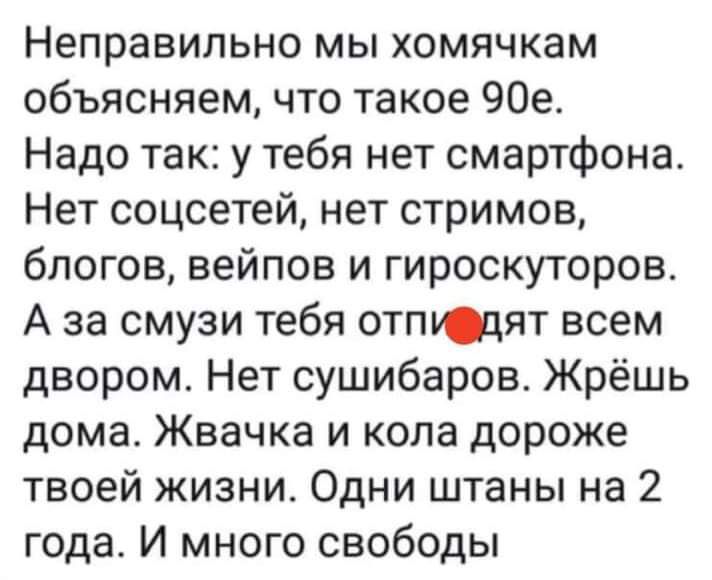 Неправильно мы хомячкам объясняем что такое 90е Надо так у тебя нет смартфона Нет соцсетей нет стримов блогов вейпов и гироскуторов А за смузи тебя отпюцят всем двором Нет сушибаров Жрёшь дома Жвачка и кола дороже твоей жизни Одни штаны на 2 года И много свободы