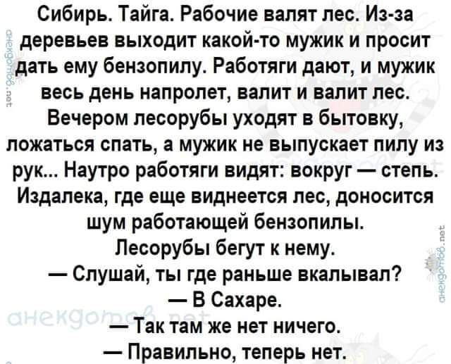 Сибирь Тайга Рабочие валят пес Из за деревьев выходит какой то мужик и просит дать ему беизопипу Работяги дают и мужик весь день напролет валит и валит пес Вечером песорубы уходят в бытовку пожаться спать а мужик не выпускает пипу из рук Наутро работяги видят вокруг степь Издалека где еще виднеется пес доносится шум работающей бензопилы Песорубы бегут нему Слушай ты где раньше вкалывап В Сахаре Та