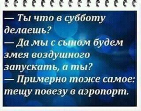 Ты что в субботу делаешь Да мы с сьпюм будем змея воздушного запускать а ты Примерно тоже самое тещу повезу в аэропорт