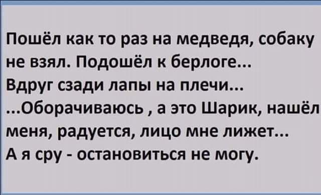 Пошёл как то раз на медведя собаку не взял Подошёл к берлоге Вдруг сзади лапы на плечи Оборачиваюсь а это Шарик нашёл меня радуется лицо мне лижет А я сру остановиться не могу