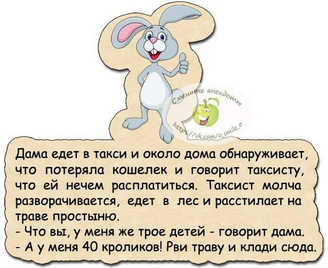 дамп идет в такси и около дома обнаруживает что потеряла кошелек и творит тксисту ЧТО ей НБЧСМ РЦСПППТИТЬЦ ТПКСИСТ молча ИЗШРЦЧИМЕТСЛ гдет ПЕС И РСССТИЛЦВТ Ип трав простыню Что вы у меня же трое детей говорит дама А у меня 40 кроликов Рви траву и клади сюда