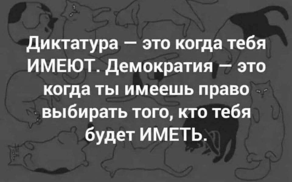 диктатура это когда тебя ИМЕЮТ демократия это когда ты имеешь право выбирать того кто тебя будет ИМЕТЬ