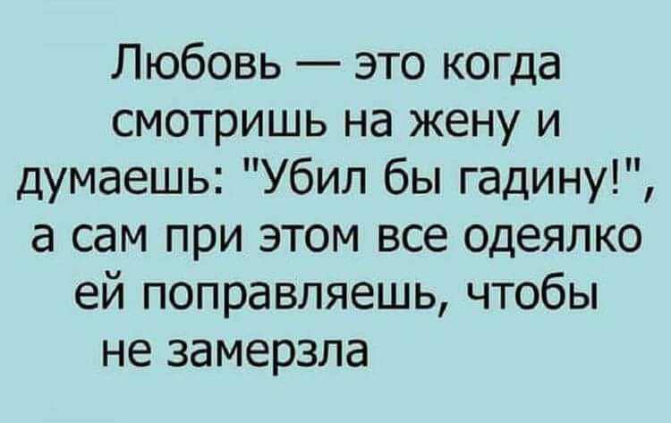 Любовь это когда смотришь на жену и думаешь Убил бы гадину а сам при этом все одеялко ей поправляешь чтобы не замерзла