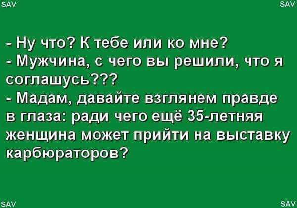 эш зы Ну что К тебе ипи ко мне Мужчина с чего вы решили что я соглашусь Мадам давайте взглянем правде в глаза ради чего ещё 35 летняя женщина может прийти на выпивку карбюраторов аш эш