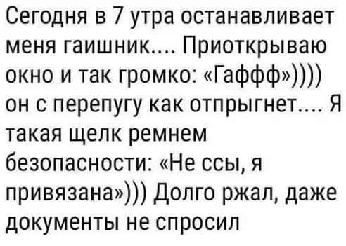 Сегодня в 7 утра останавливает меня гаишник Приоткрываю окно и так громко Гаффф он с перепугу как отпрыгнет Я такая щелк ремнем безопасности Не ссы я привязана Долго ржал даже документы не спросил