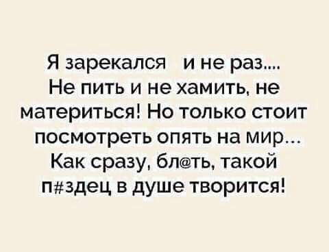 Я зарекался и не раз Не пить и не хамить не материться Но только стоит посмотреть опять на мир Как сразу бпть такой пздец в душе творится