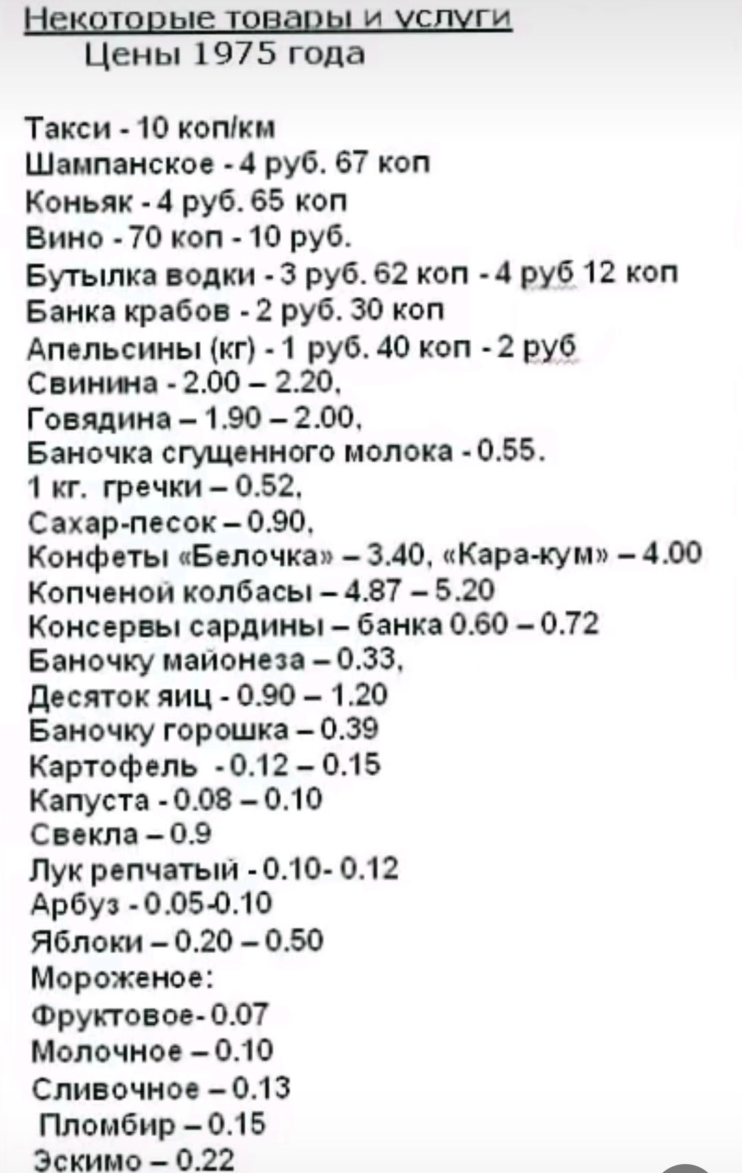 И И Цены 1975 годв Такси 10 копит Шампанское 4 руб 67 коп Коньяк 1 руб 65 коп Вико 70 коп 10 руб Бутылка водки 3 руб 62 коп 4 руб 12 коп Банка крабов 2 руб 30 коп Апельсины кг 1 руб 40 коп 2 руб Свинта 200 220 Говядин 190 200 Баночка сгущенного молоко 055 1 кг гречки 052 Спартак 090 Конфеты пБелочке 340 Карн кум 400 Колчоиои колбасы 437 520 Консервы сардииы банка 060 072 Бяночку майонез 033 дпяток