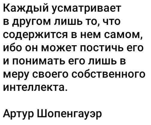 Каждый усматривает в другом лишь то что содержится в нем самом ибо он может постичь его и понимать его лишь в меру своего собственного интеллекта Артур Шопенгауэр