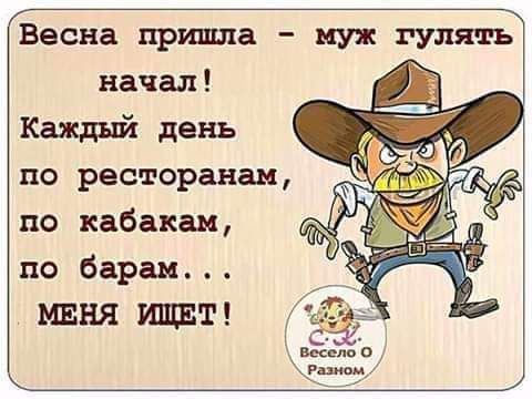 Весна пришла муж гулять начал Каждый день по ресторанам по кабакам по барам МЕНЯ ИЩЕТ