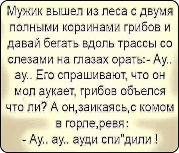 Мужик вышел из леса с двумя полными корзинами грибов и давай бегать вдоль трассы со слезами на глазах орать Ау ау Его спрашивают что он мол аукает грибов объепся что ли А онзаикаясьс комом в горлеревя Ау ау ауди спидили