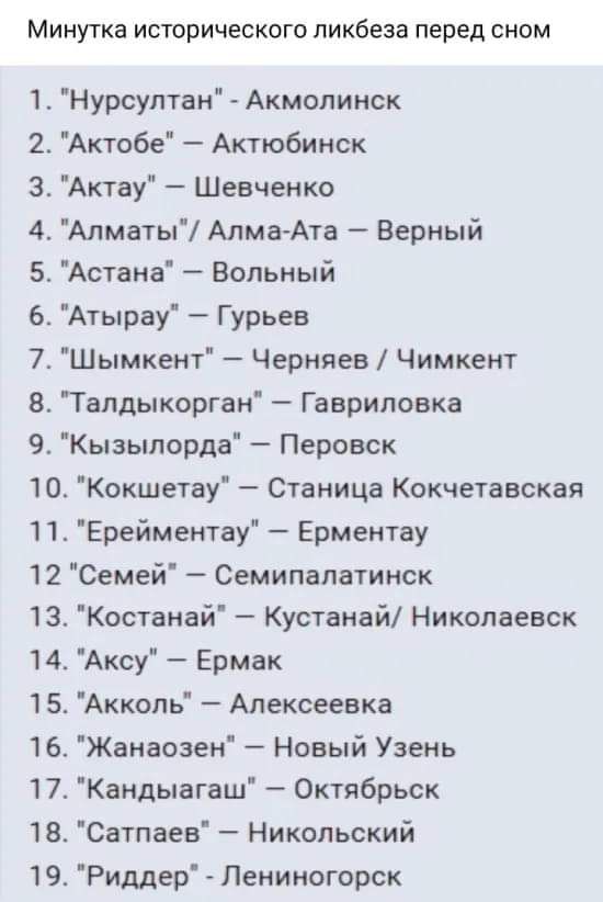 Минутка исторического пикбеза перед сном 1 Нурсултан Акмолинск 2 Актобе Актюбинск Актау Шевченко Алматы АлмаАта Верный Астана Вольный Атырау Гурьев Шымкент Черняев Чимкент 939511 Талдыкорган Гавриловка 9 Кызылорда Перовск 10 Кокшетау Станица Кокчетавская По Ереймеитау Ерментау 12 Семей Семипалатинск 13 Костаиай Кустанай Николаевск 14 Аксу Ермак 15 Аккопь Алексеевка 16 Жанаоэен Новый Узень 17 Канды