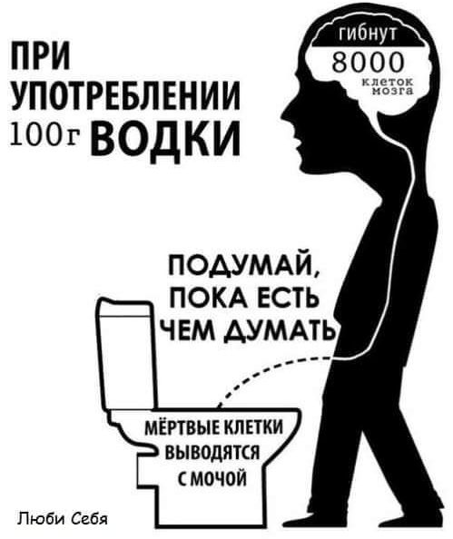 ПРИ УПОТРЕБЛЕНИИ 100г водки ПОАУМАЙ ПОКА есть мёгтвы клики выводятся мочой Люби Себя