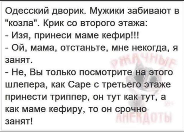 Одесский дворик Мужики забивают в козла Крик со второго этажа Изя принеси маме кефир Ой мама отстаньте мне некогда я занят Не Вы только посмотрите этого шпепера как Саре третьеггэісаже принести триппер он тут как тут а как маме кефиру то он срочно занят