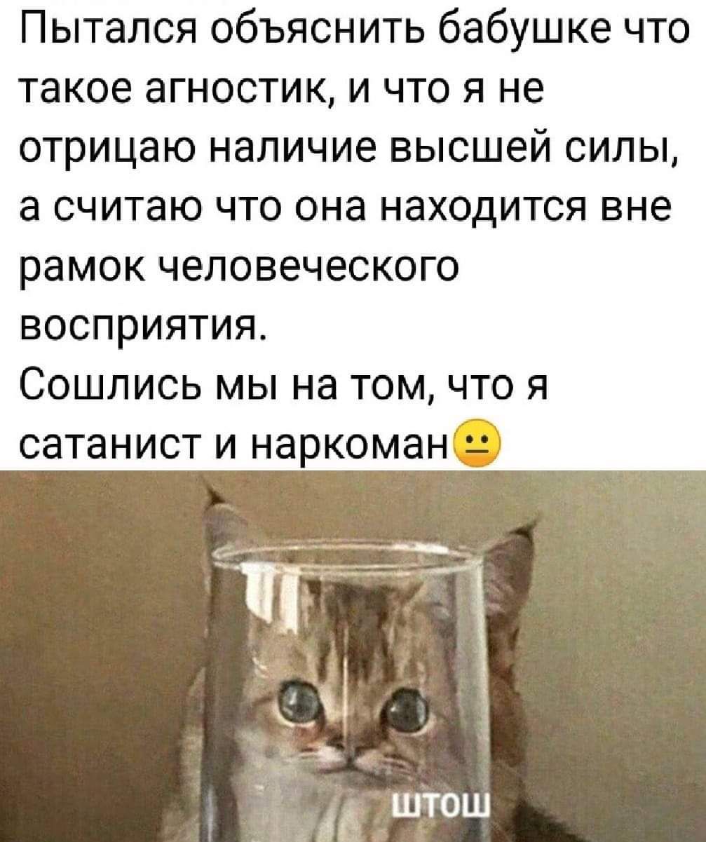 Пытался объяснить бабушке что такое агностик и что я не отрицаю наличие высшей силы а считаю что она находится вне рамок человеческого восприятия Сошлись мы на том что я сатанист и наркоман