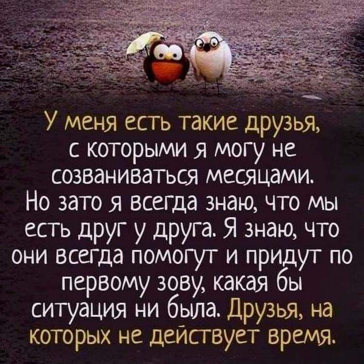 У меня есть такие друзья с которыми я могу не созваниваться месяцами Но зато я всегда знаю что мы есть друг у друга Я знаю что они всегда помогут и придут по первому зову какая бы ситуация ни была Друзья на которых не деиствует время