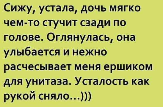 Сижу устала дочь мягко чем то стучит сзади по голове Оглянулась она улыбается и нежно расчесывает меня ершиком для унитаза Усталость как рукой сняло