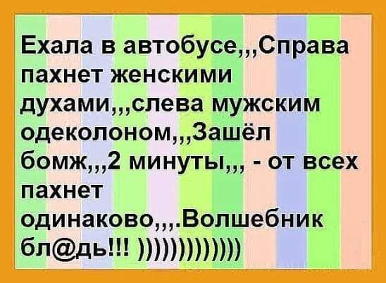 Ехала в автобусеСправа пахнет женскими духамислева мужским одеколономЗашёл бомж2 минуты от всех пахнет одинаковоВолшебник бЛдь1 т