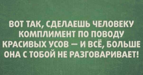 ВОТ ТАК СДЕЛАЕШЪ ЧЕЛОВЕКУ КОМПЛИМЕНТ ПО ПОВОДУ КРАСИВЫХ УСОВ И ВСЕ БОЛЬШЕ ОНА С ТОБОЙ НЕ РАЗГОВАРИВАЕТ