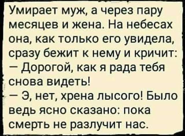 Умирает муж а через пару месяцев и жена На небесах она как только его увидела сразу бежит к нему и кричит Дорогой как я рада тебя снова видеть Э нет хрена лысого Было ведь ясно сказано пока смерть не разлучит нас