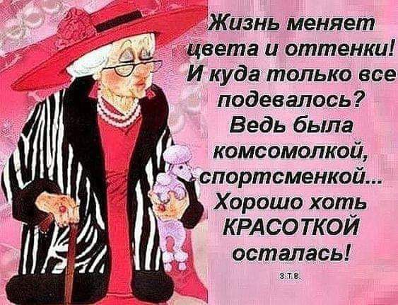 Жизнь меняет цвета и оттенки подевалась Ведь была 7 комсомолкшё спортсменкои Хорошо хоть КРАСОТКОЙ осталась