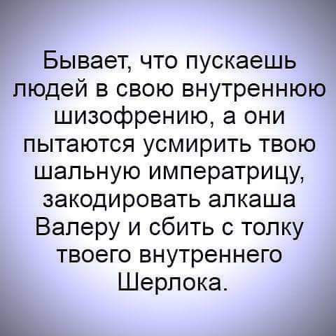 Бывает что пускаешь людей в свою внутреннюю шизофрению а они пытаются усмирить твою шапьную императрицу закодировать апкаша Валеру и сбить с толку твоего внутреннего Шерлока