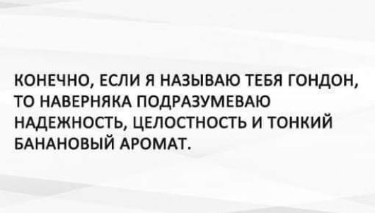 КОНЕЧНО ЕСЛИ Я НАЗЫВАЮ ТЕБЯ ГОНДОН ТО НАВЕРНЯКА ПОДРАЗУМЕЕАЮ НАДЕЖНОСГЬ ЦЕЛОСТНОСГЬ И ТОНКИЙ БАНАНОВЫЙ АРОМАТ