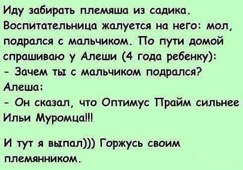 Иду забирать племяша из садика Воспитательиицо жалуется на него мол подрался мальчиком По пути домой спрашиваю у Алеим 4 года ребенку Зачем ты с мальчиком подрался Алеша Он сказал что Оптимус Прайм сильнее Ильи Муромца И тут я выпал Гпржусь своим племянником