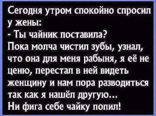 Сегодня утром спокойно спросил у жены Ты чайник поставила Пока молча чистил зубы узнал что она для меня рабыня я её не ценю перестал в ней видеть женщину и нам пора разводиться так какя нашёл другую Ни фига себе чайку попил