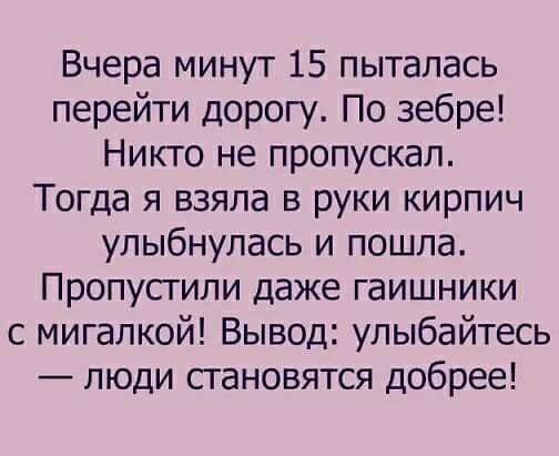 Вчера минут 15 пыталась перейти дорогу По зебре Никто не пропускал Тогда я взяла в руки кирпич улыбнулась и пошла Пропусгили даже гаишники с мигалкой Вывод улыбайтесь люди становятся добрее