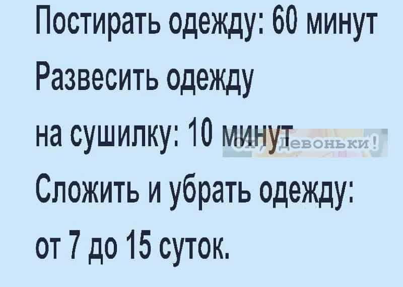 Постирать одежду 60 минут Развесить одежду на сушилку 10 минут Сложить и убрать одежду от 7 до 15 суток