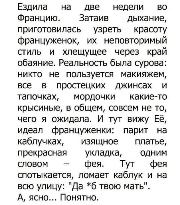 Ездила на две недели во Францию Затаив дыхание приготовилась узреть красоту француженок их неповторимый стиль и хпещущее через край обаяние Реальносгь была сурова никто не пользуется макияжем все в простецких джинсах и тапочках мордочки какие то крысиные в общем совсем не то чего я ожидала И тут вижу Её идеал француженки парит на каблучках изящное платье прекрасная укладка одним словом Фея Тут фея