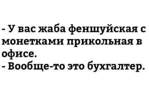 У вас жаба феншуйская с монетками прикольная в офисе Вообще то это бухгалтер