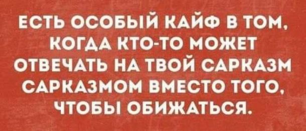 ЕСТЬ осовый КАЙФ в том когм кто то может отввчпь НА твой сАркАзм САРКАзном вмвсто того чтовы овижпься