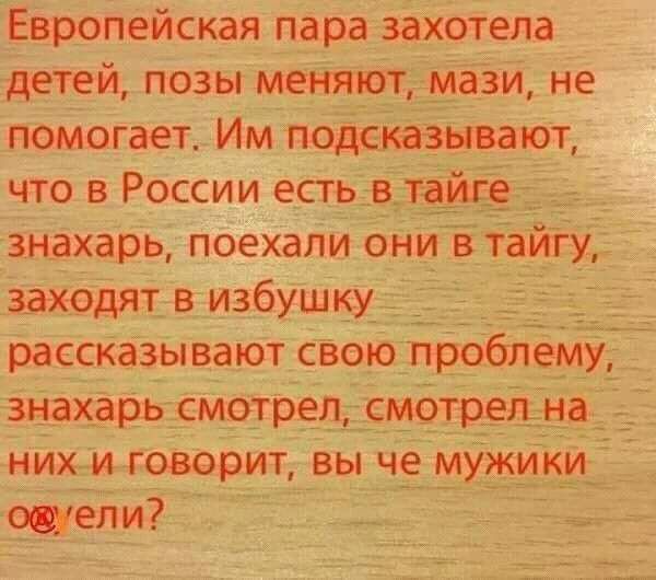 Европейская пара захотела детей позы меняют мази не помогает Им подсказывают что в России есть втайге знахарь поехали они в тайгу заходят в избушку рассказывают свою пробпёМу знахарь смотрел смбтрепна них и говорит вы че мужики щели