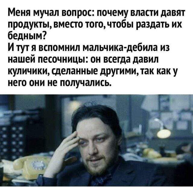 Меня мучал вопрос почему власти давят продукты вместо тогочтобы раздать их бедным И тут я вспомнил мальчика дебила из нашей песочницы он всегда давил куличики сделанные дРУгимитак как у него они не получались