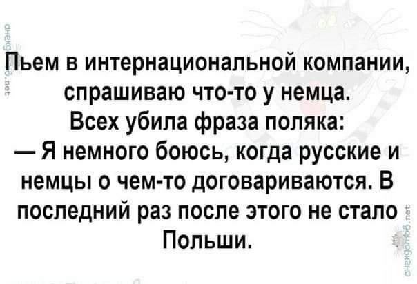 Пьем в интернационапьной компании спрашиваю что то у немца Всех убила фраза поляка Я немного боюсь когда русские и немцы о чем то договариваются В последний раз после этого не стало Польши