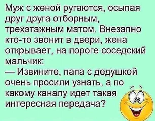 Муж с женой ругаются осыпая друг друга отборным трехэтажным матом Внезапно кто то звонит в двери жена открывает на пороге соседский мальчик Извините папа с дедушкой очень просили узнать а по какому каналу идет такая интересная передача