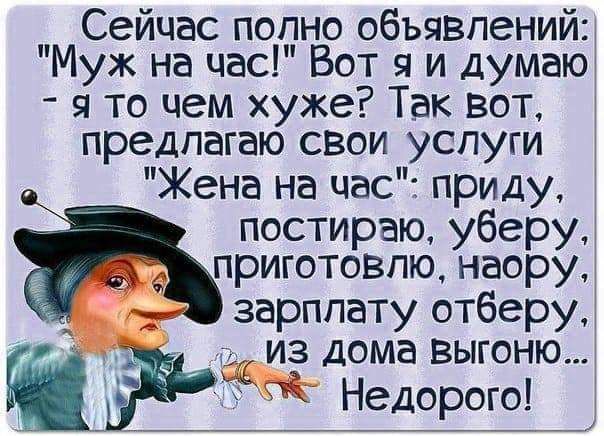 Сейчас попно объявлений Муж на час Вот я и думаю я то чем хуже Так вот предлагаю свои услуги Жена на час приду постираю уберу приготовлю наору зарплату отберу А 33 31 из дома выгоню Ю Недорого