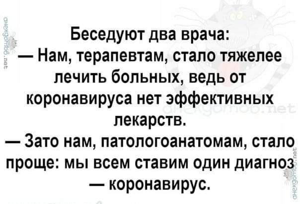 Беседуют два врача Нам терапевтам стало тяжелее лечить больных ведь от коронавируса нет эффективных лекарств Зато нам патопогоанатомам стало проще мы всем ставим один диагноз коронавирус