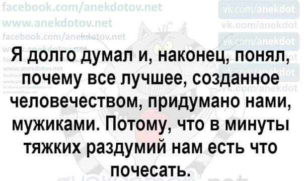 Я долго думал и наконец понял почему все лучшее созданное человечеством придумано нами мужиками Потому что в минуты тяжких раздумий нам есть что почесать